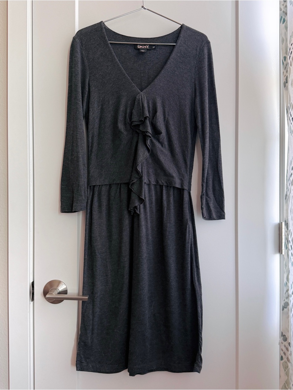 DKNY Women's Gray Long Sleeve Ruffle Dress